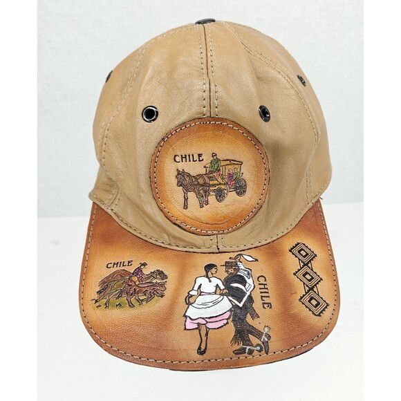 Men's Leather Chile Adjustable Cap Hand Tooled Scenes Color Lined - Picture 1 of 5